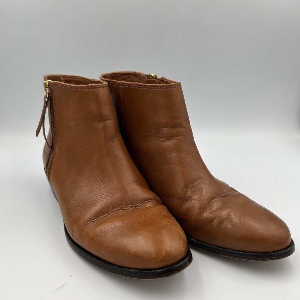 J.Crew Frankie Leather Ankle Boots Cognac Brown Side Zip Women's 6.5‎ Minimalist